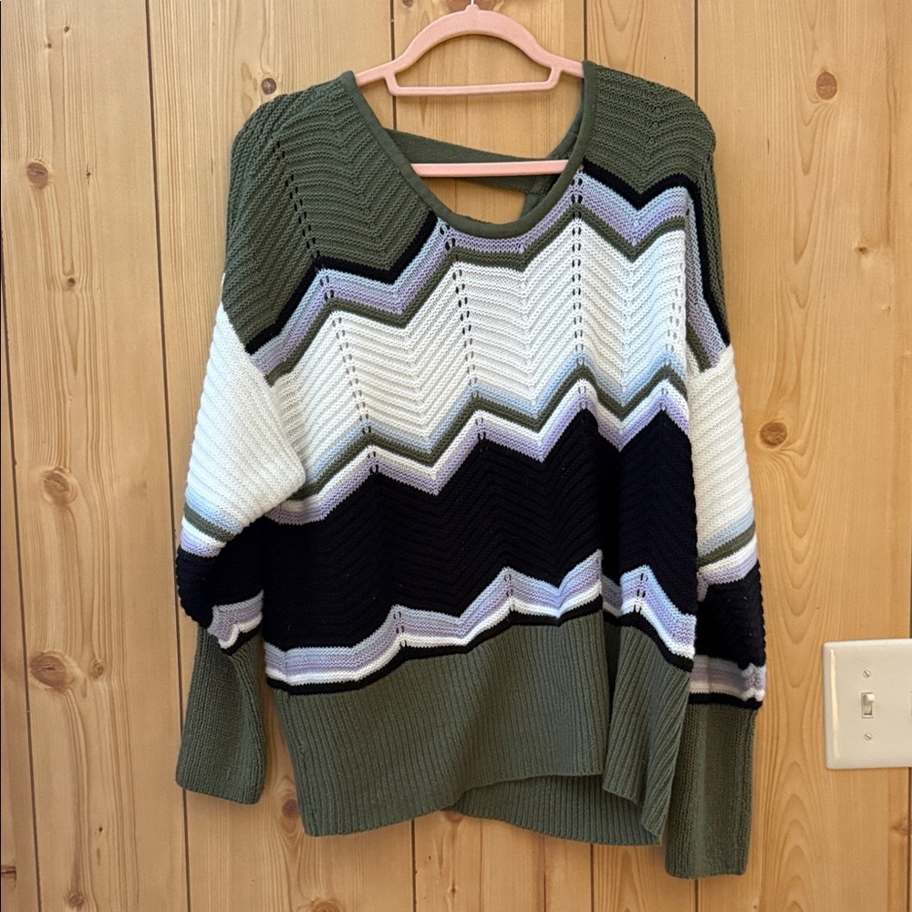 Olive Chevron Knit Crewneck Sweater with Black & White Stripes